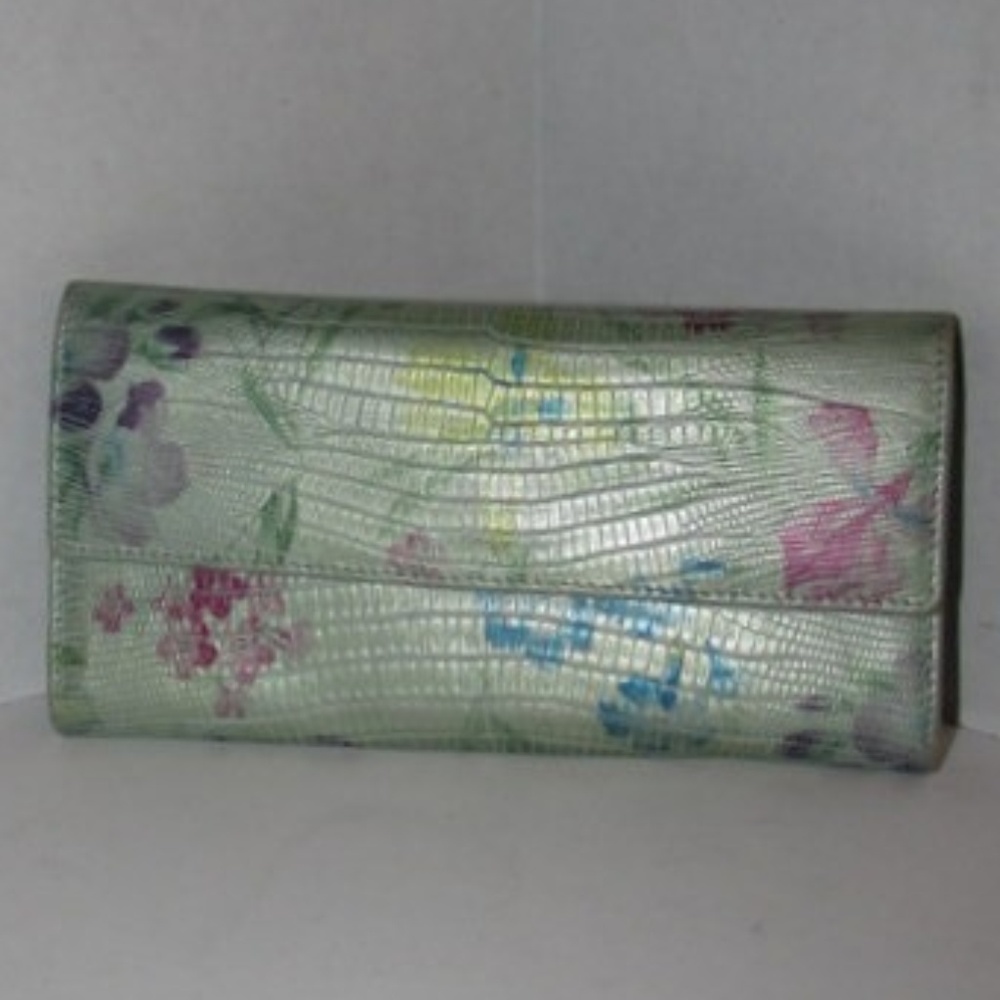 LODIS Leather Green Floral Bifold Flap Snap Wallet
